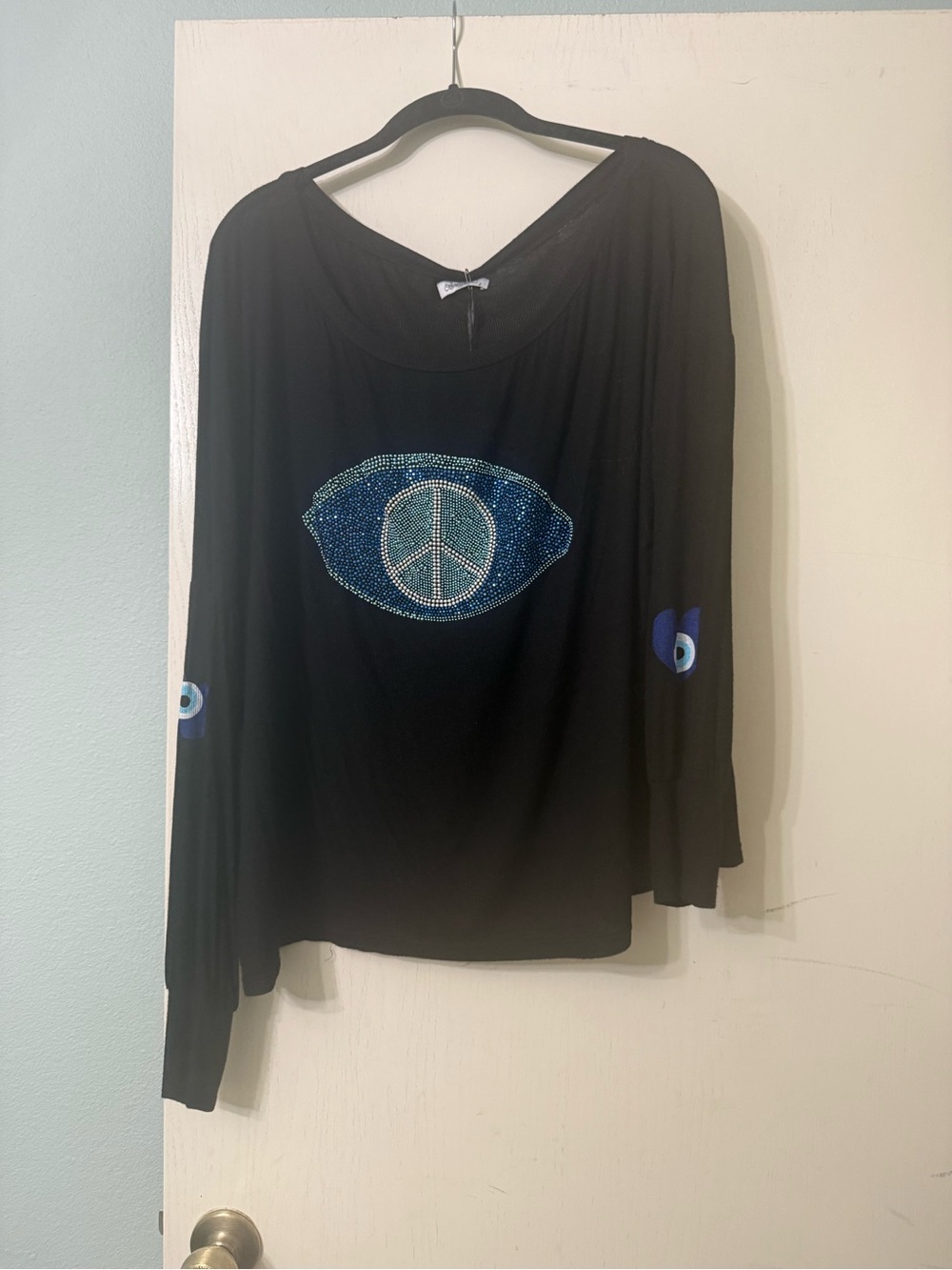 Lauren MOSHI Black Long-Sleeve Peace Eye Embellished Women's Top NWT